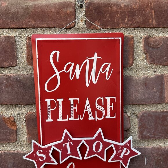 Vtg Style Metal Sign Santa Please Stop Here Arrow Red White Christmas Decor 17" - Picture 4 of 6